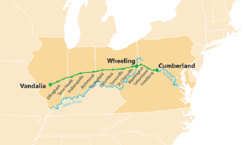 Map showing the National Road route from Cumberland, Maryland, to Vandalia, Illinois, with key locations marked.