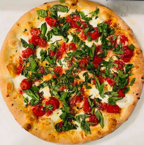 A freshly baked pizza topped with mozzarella, tomatoes, and fresh basil on a golden crust.