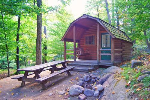 A cozy log cabin surrounded by lush green trees, with a picnic table and stone fire pit in front.