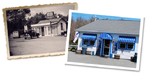 A vintage photo of a building next to a modern image of the same building, featuring blue awnings and a welcoming entrance.
