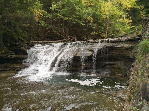 A serene waterfall cascading over rocky ledges into a calm pool, surrounded by lush green trees.