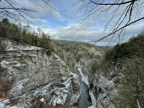 A snowy canyon landscape with steep cliffs, a winding river, and trees under a cloudy sky.