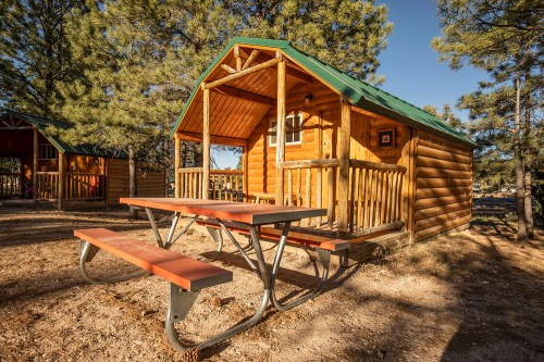 A wooden cabin with a green roof, featuring a picnic table in front, surrounded by trees and a clear sky.