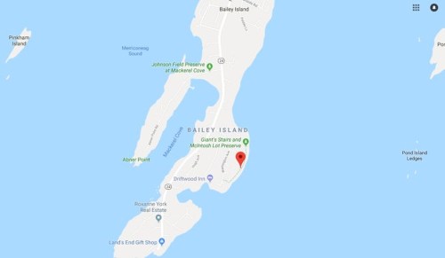 Map of Bailey Island, showing locations like Johnson Field Preserve and nearby landmarks.