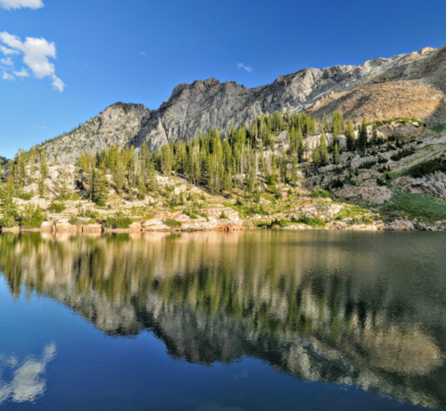 A serene mountain lake reflecting rugged peaks and lush greenery under a clear blue sky.