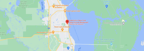 Map showing the location of Valentino's New York Style Pizza & Restaurant near the Kennedy Space Center in Florida.