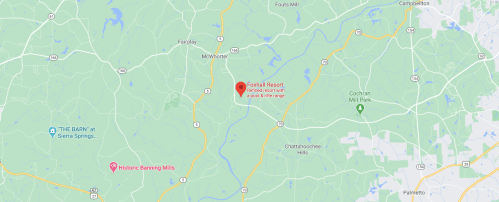 Map showing the location of Euharlee Resort, noted for its good golf facilities, near McIntosh, Georgia.