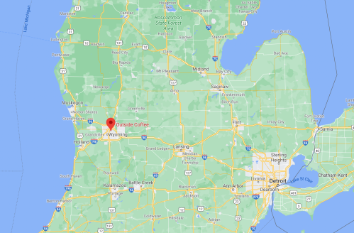 Map of Michigan highlighting the location of Outside Coffee in Wyoming, near Grand Rapids.