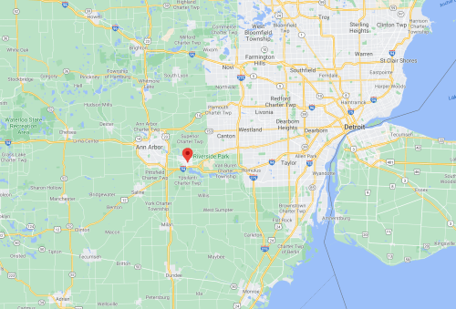 Map showing the area around Ann Arbor and Riverside Park, with nearby cities and highways in southeastern Michigan.