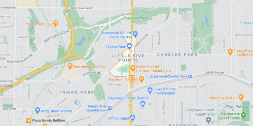 Map showing the Little Five Points area in Atlanta, GA, with nearby landmarks and streets labeled.