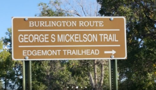 Sign for the George S. Mickelson Trail at the Edgemont Trailhead, indicating the Burlington Route.