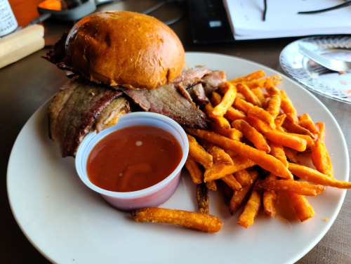 A plate featuring a brisket sandwich on a bun, served with sweet potato fries and a side of dipping sauce.