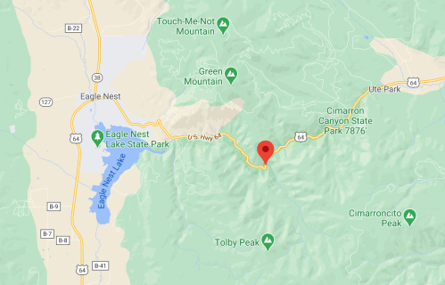 Map showing the area around Eagle Nest Lake State Park and Cimarron Canyon State Park in New Mexico.