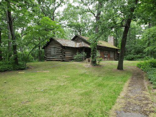 A rustic log cabin surrounded by trees, set on a grassy area with a pathway leading to it.