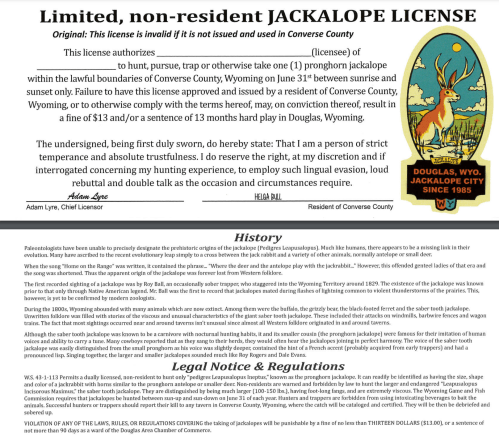 A Jackalope license document detailing hunting regulations and legal notices for non-residents in Douglas, Wyoming.