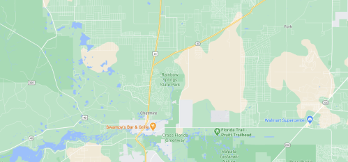 Map showing Rainbow Springs State Park and surrounding areas, including roads and nearby landmarks.