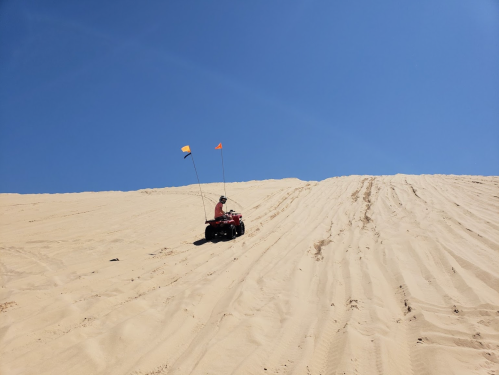 A red ATV climbs a sandy dune under a clear blue sky, with flags waving in the wind.