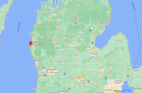 Map showing Silver Lake Buggy Rentals located in Michigan, near the western coast and Silver Lake State Park.