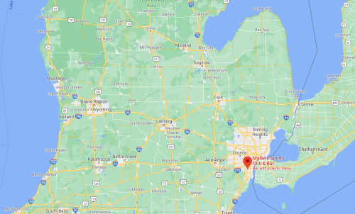 Map of Michigan highlighting cities like Grand Rapids, Lansing, and Detroit, with a marker for Mallie's Sports Grill & Bar.