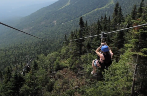 A person zip-lining through a lush green forest with mountains in the background on a sunny day.