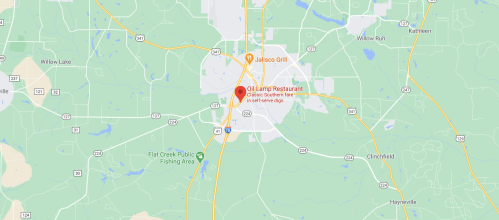 Map showing the location of Old Lamp Restaurant in a rural area, near highways and other landmarks.