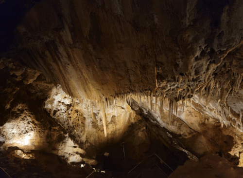 Stalactites and stalagmites in a dimly lit cave, showcasing natural rock formations and textures.