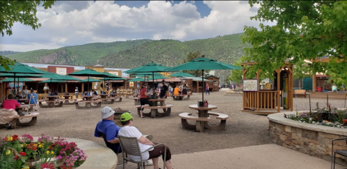 A lively outdoor area with picnic tables, umbrellas, and people enjoying the scenery and flowers against a mountain backdrop.