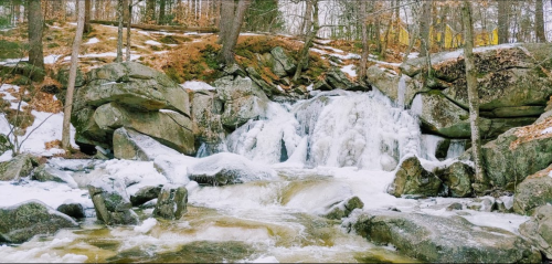 A frozen waterfall cascades over rocks, surrounded by trees and snow, creating a serene winter landscape.