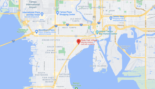 Map showing Hyde Park Village in Tampa, Florida, with nearby landmarks and roads highlighted.