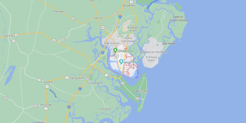Map showing St. Simons Island area, including roads, parks, and water features.