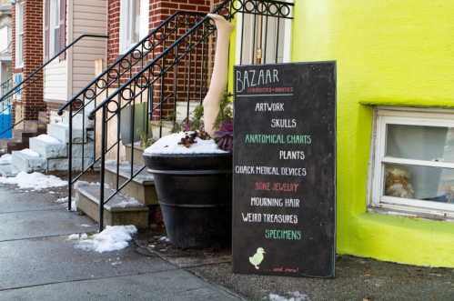 A chalkboard sign outside a colorful building lists unique items for sale, including art, skulls, and specimens.