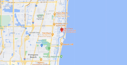 Map showing the location of Cap's Place, a seafood shack in Pompano Beach with a rich history.