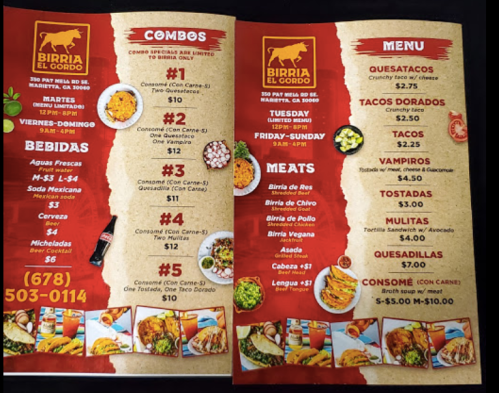 Menu for Birria El Gordo featuring combos, meats, and prices for various dishes and drinks. Contact info included.