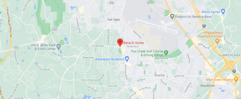 Map showing the location of Birria El Gordo in Smyrna, Georgia, near Fair Oaks and various local landmarks.