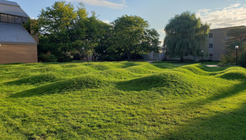 Lush green hills of grass create a wavy landscape in a park-like setting with trees and buildings in the background.