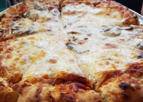 Close-up of a cheesy pizza with golden crust and mushrooms, freshly baked and sliced into wedges.