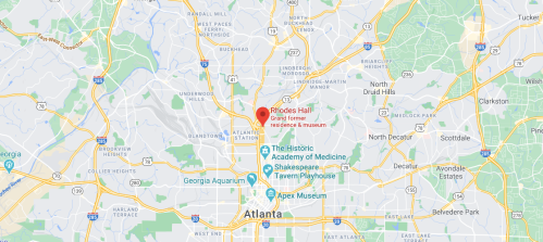 Map of Atlanta highlighting Rhodes Hall, a grand former residence and museum, with nearby landmarks and roads.