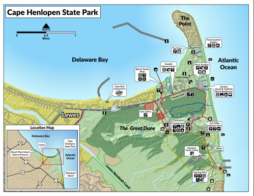 Map of Cape Henlopen State Park, showing trails, beaches, and key locations near Delaware Bay and the Atlantic Ocean.