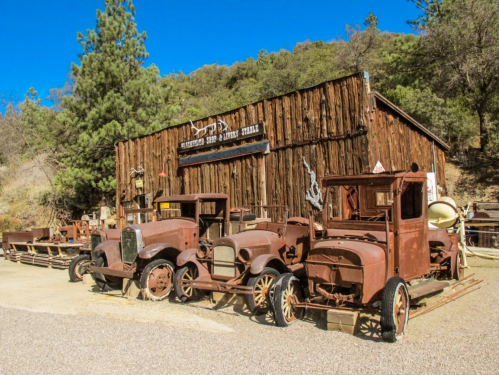 Rusty vintage trucks parked in front of a wooden building, surrounded by trees and gravel.