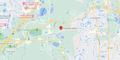 Map showing the location of Kilimanjaro Safaris near Disney's Saratoga Springs Resort in Orlando, Florida.