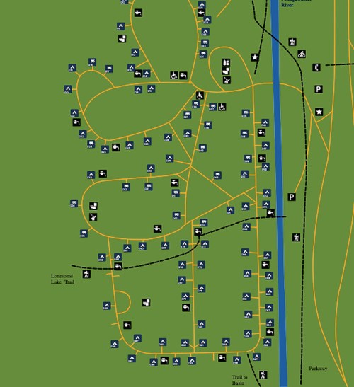 Map of a park featuring trails, parking areas, and points of interest, including Lonecone Lake Trail and river access.