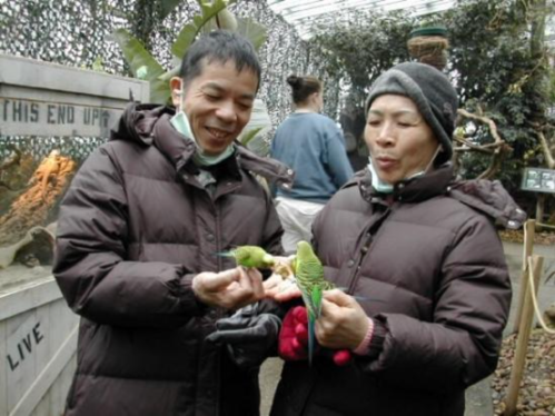Two people in winter jackets hold colorful birds in a nature setting, smiling and enjoying the moment.