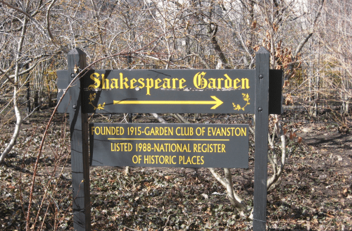 Sign for Shakespeare Garden, founded in 1915 by the Garden Club of Evanston, listed on the National Register of Historic Places.