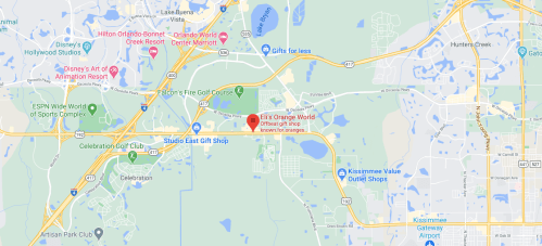 Map showing the location of Ellie's Orange World gift shop near Kissimmee, Florida, with nearby attractions and roads.