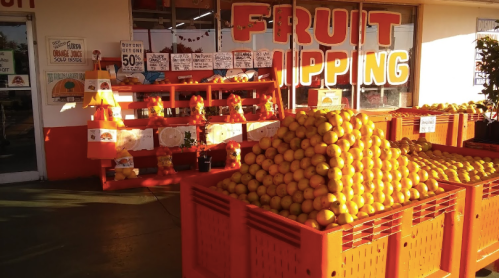 A vibrant fruit stand with stacked oranges in bright orange crates outside a store, featuring a colorful sign.
