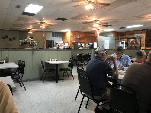 A casual diner interior with tables, chairs, and patrons enjoying meals. Warm lighting and wooden accents create a cozy atmosphere.