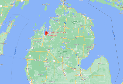 Map showing the location of Cherry Tree Inn & Suites in Michigan, near Traverse City and surrounding areas.