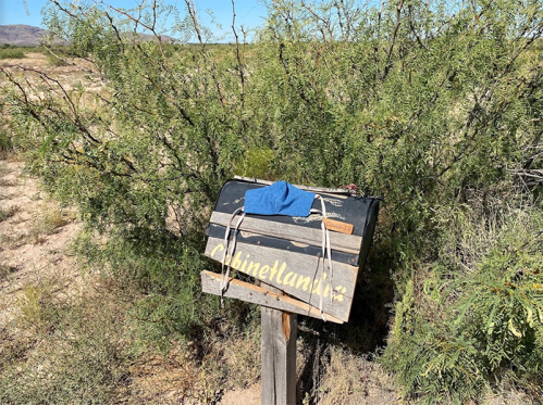 A weathered mailbox with a blue cloth on top, surrounded by desert vegetation and a clear blue sky.