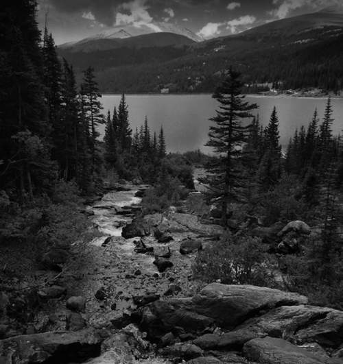 A serene black and white landscape featuring a river flowing through trees, leading to a lake surrounded by mountains.