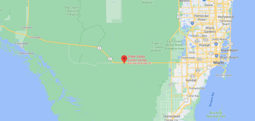 Map showing the location of Shark Valley Visitor Center in Everglades National Park, near Miami, Florida.